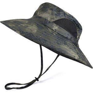 Unisex Green Camo 100%Polyester Wide Brim Mesh Vents With Chin Strap Fishing Hat